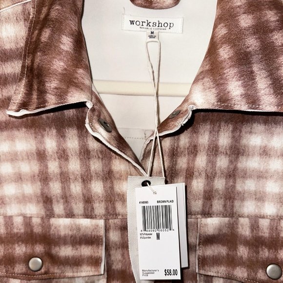 NWT WORKSHOP BROWN MUAVE PLAID SHACKET | REPUBLIC CLOTHING | SUEDE-LIKE MATERIAL - Picture 3 of 3